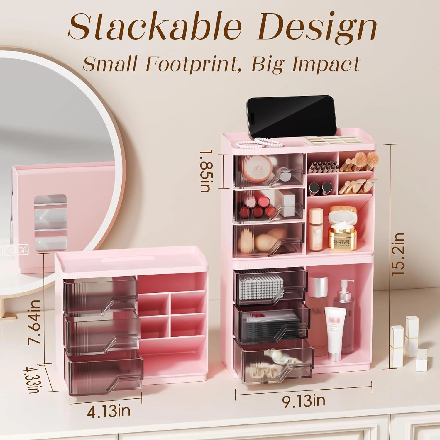 Small Makeup Organizer with Drawers, Stackable Bathroom Couneter Organizer with Phone Holder, Versatile Vanity Organizer Countertop, Cosmetic Organizer for Makeup Brush, Skin Care, Lotion -Pink,2Pack