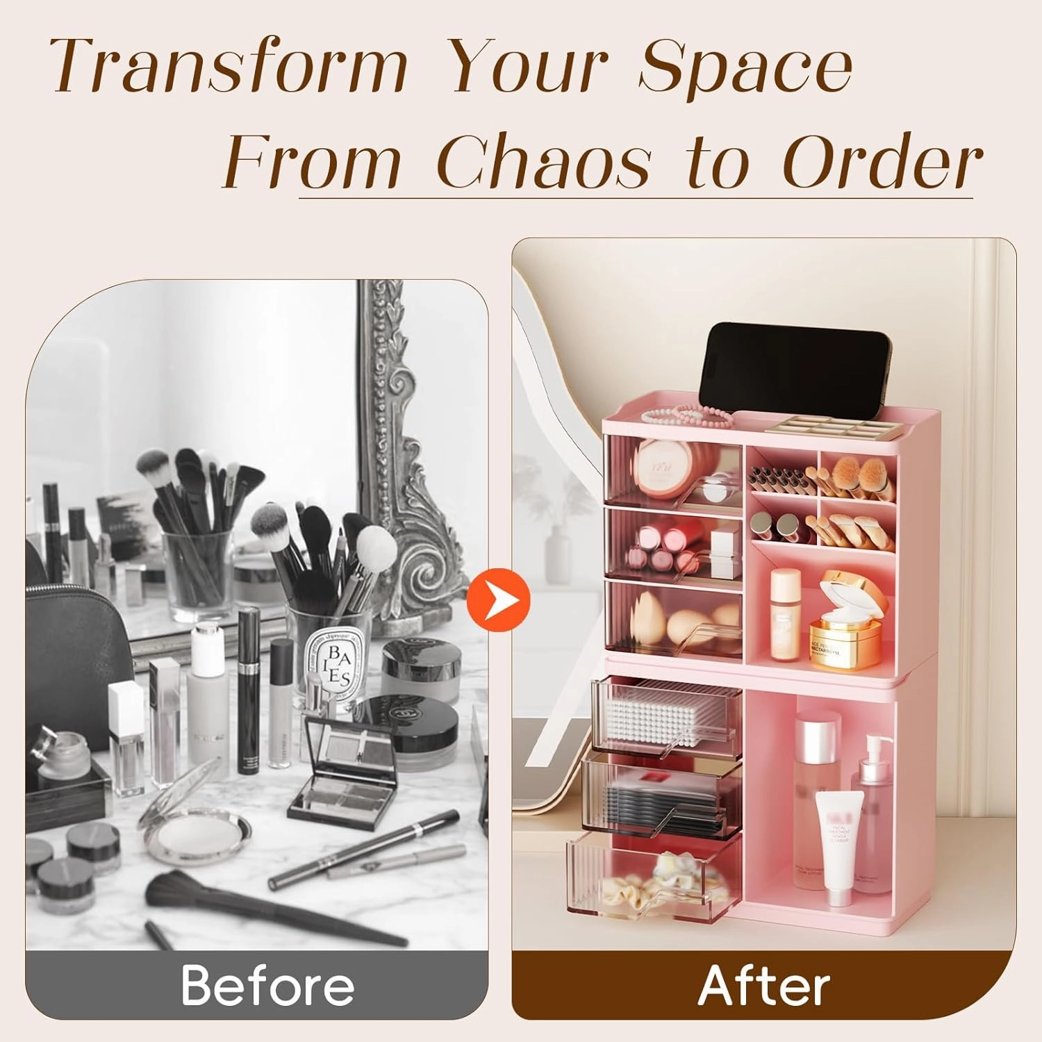 Small Makeup Organizer with Drawers, Stackable Bathroom Couneter Organizer with Phone Holder, Versatile Vanity Organizer Countertop, Cosmetic Organizer for Makeup Brush, Skin Care, Lotion -Pink,2Pack