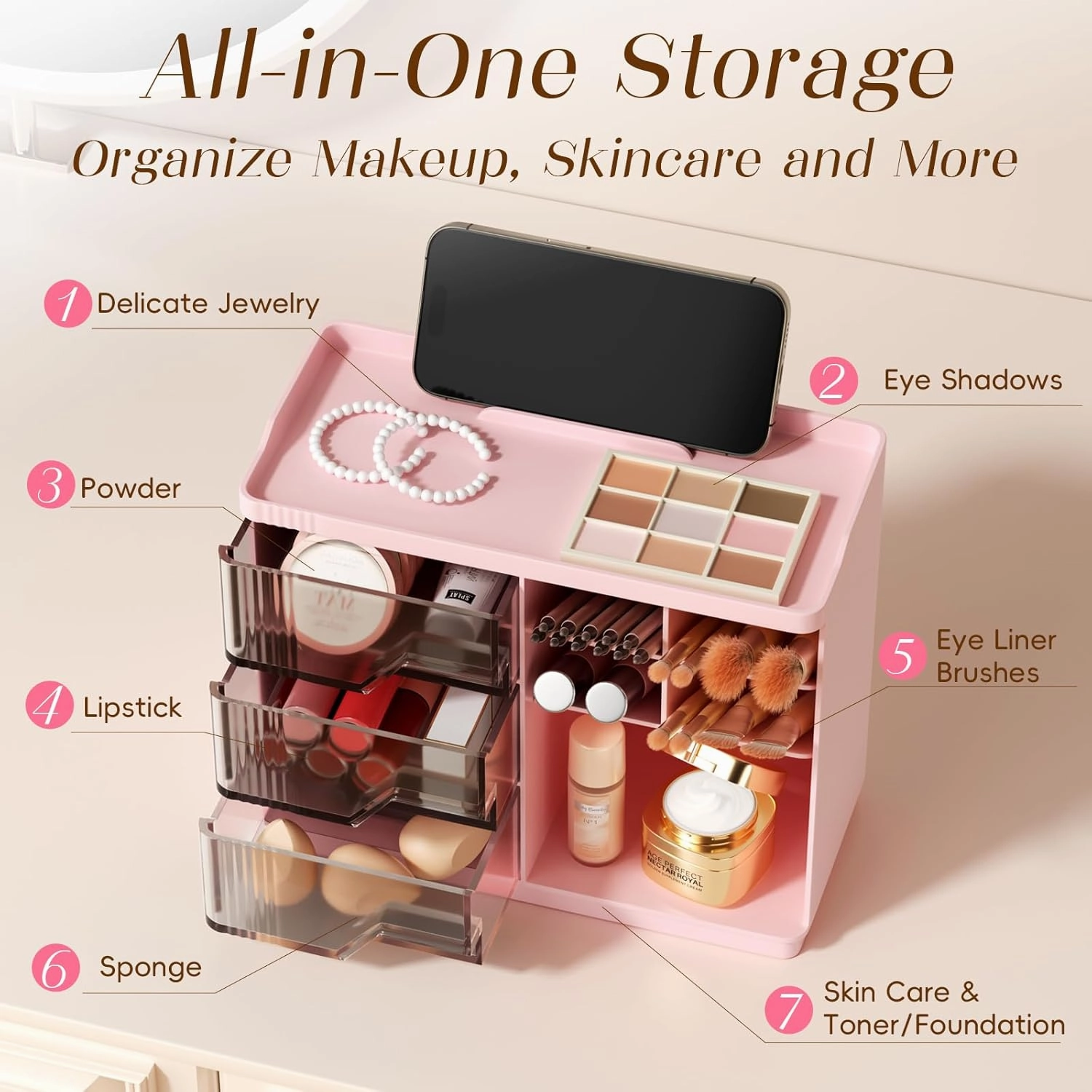 Small Makeup Organizer with Drawers, Stackable Bathroom Couneter Organizer with Phone Holder, Versatile Vanity Organizer Countertop, Cosmetic Organizer for Makeup Brush, Skin Care, Lotion -Pink,2Pack