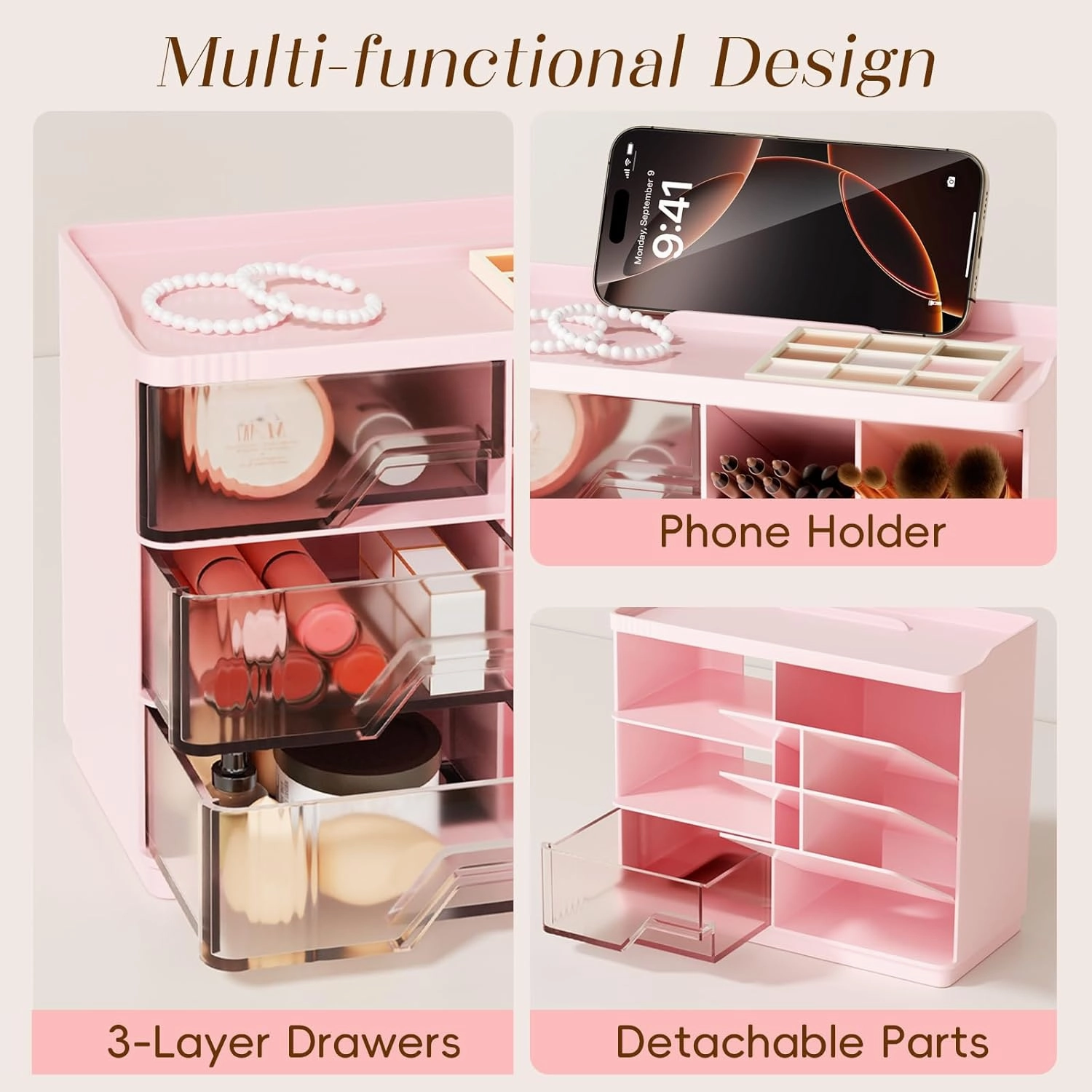 Small Makeup Organizer with Drawers, Stackable Bathroom Couneter Organizer with Phone Holder, Versatile Vanity Organizer Countertop, Cosmetic Organizer for Makeup Brush, Skin Care, Lotion -Pink,2Pack