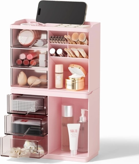Small Makeup Organizer with Drawers, Stackable Bathroom Couneter Organizer with Phone Holder, Versatile Vanity Organizer Countertop, Cosmetic Organizer for Makeup Brush, Skin Care, Lotion -Pink,2Pack