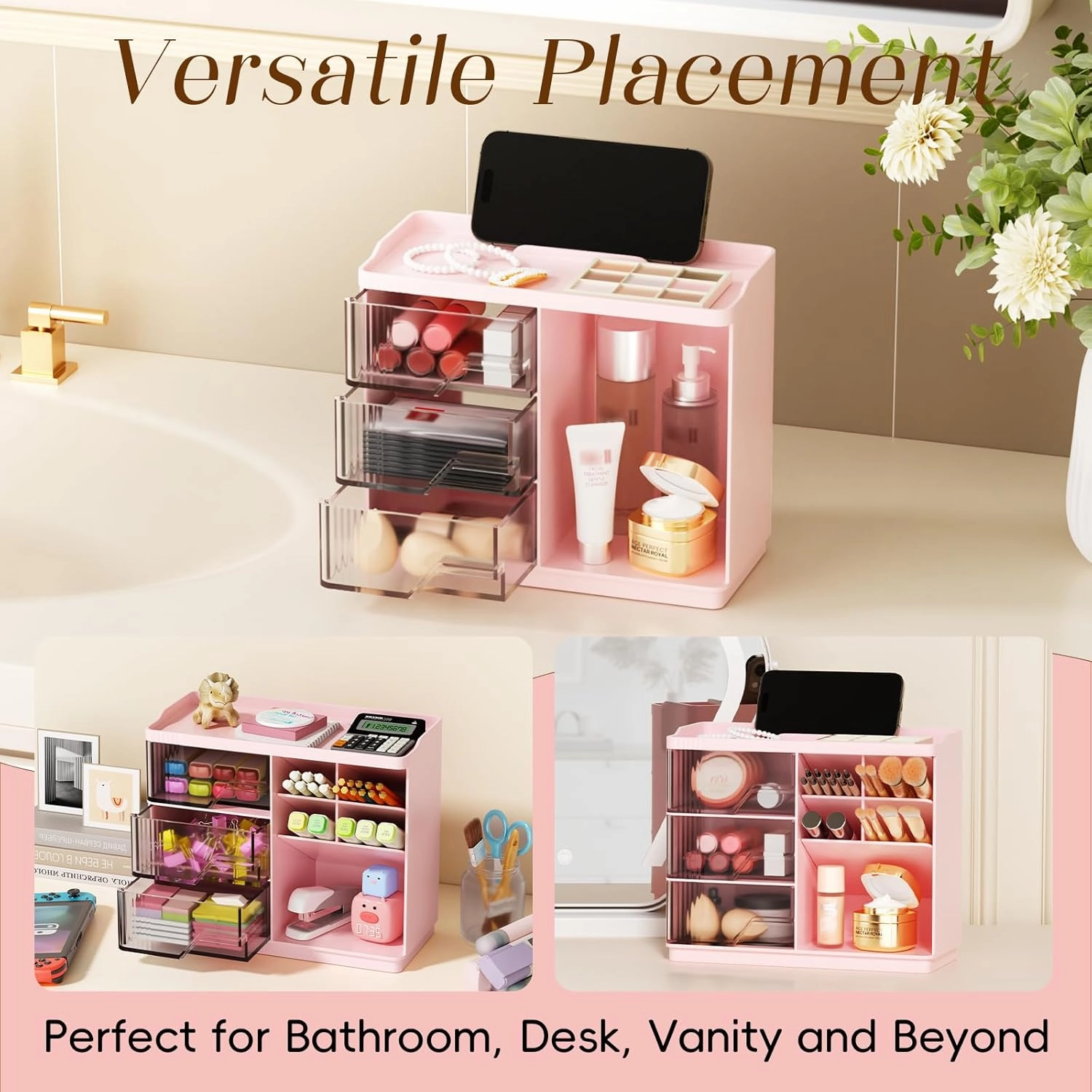 Small Makeup Organizer with Drawers, Stackable Bathroom Couneter Organizer with Phone Holder, Versatile Vanity Organizer Countertop, Cosmetic Organizer for Makeup Brush, Skin Care, Lotion -Pink,2Pack