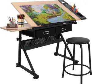 Smartxchoices Drafting Table Drawing Desk Reclining Tiltable Tabletop Bundle Set with Stool and 2 Storage Drawers Art Writing Reading Workstation for Office and Home