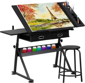 Smartxchoices Drafting Table with Stool, Height Adjustable Drawing Desk Reclining Tiltable Tabletop Bundle Set and 2 Storage Drawers Art Writing Reading Workstation for Office Home School, Black