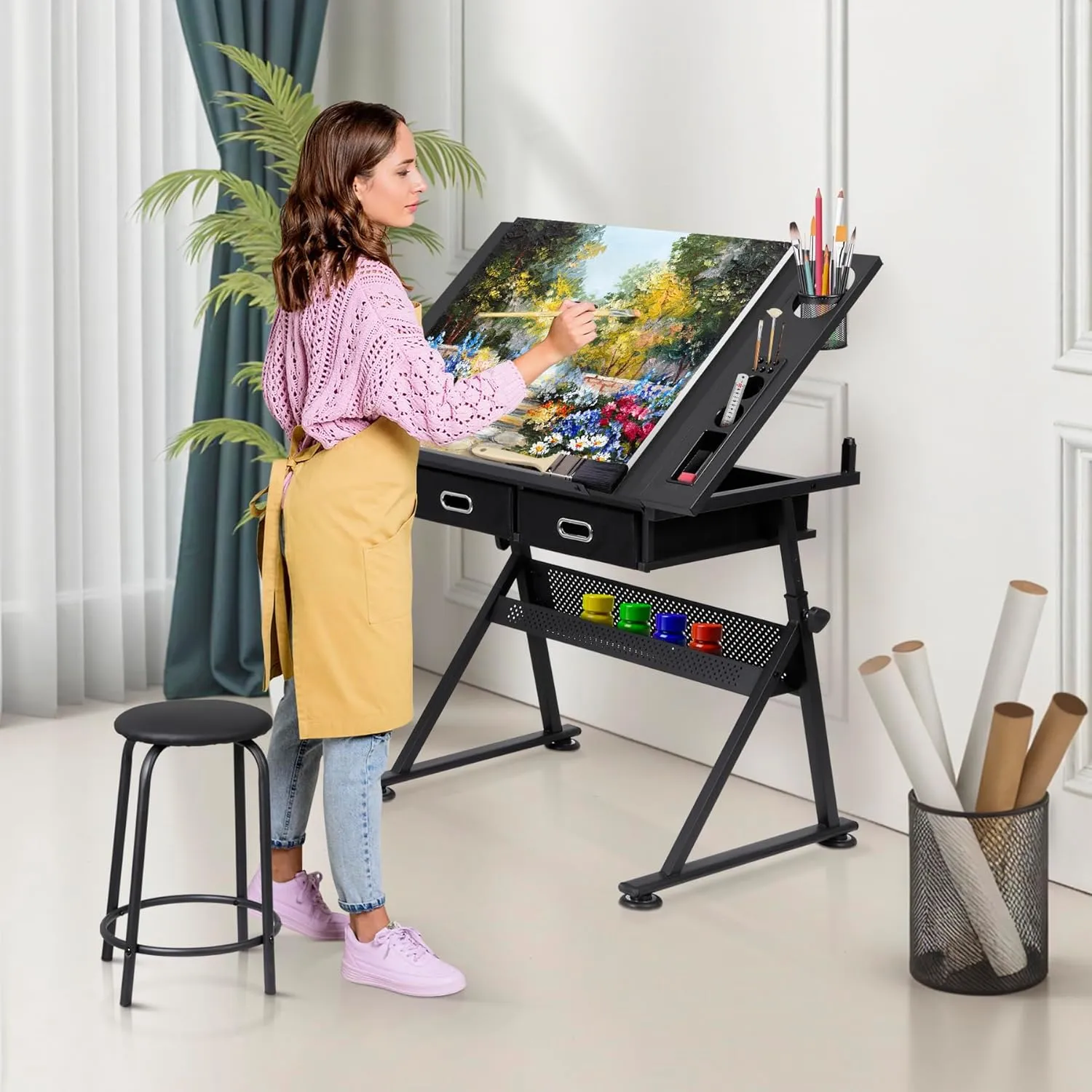 Smartxchoices Drafting Table with Stool, Height Adjustable Drawing Desk Reclining Tiltable Tabletop Bundle Set and 2 Storage Drawers Art Writing Reading Workstation for Office Home School, Black