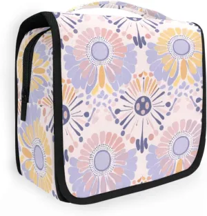 Soft Lilac Flowers Pastel Peach Toiletry Bag with hanging hook Zipper Travel Bags For Women Vertical Free-Standing