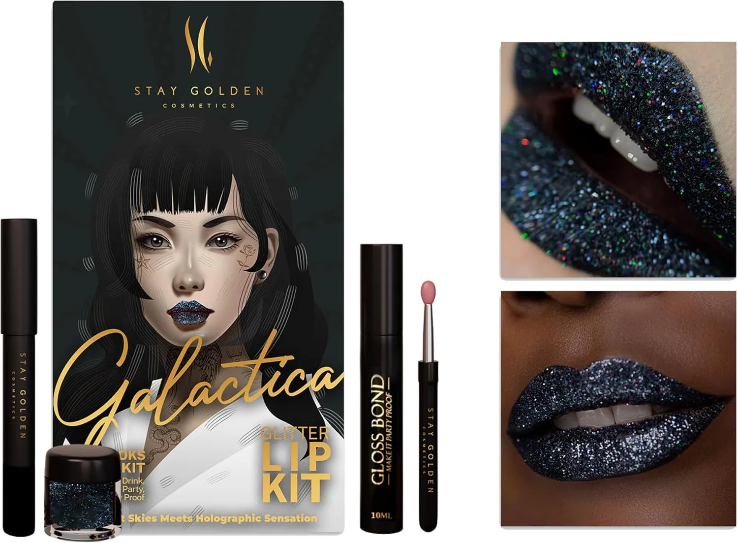 Stay Golden Cosmetics Galactica Glitter Lip Kit with Lip Liner, Smudge Proof, Long Lasting 3oz