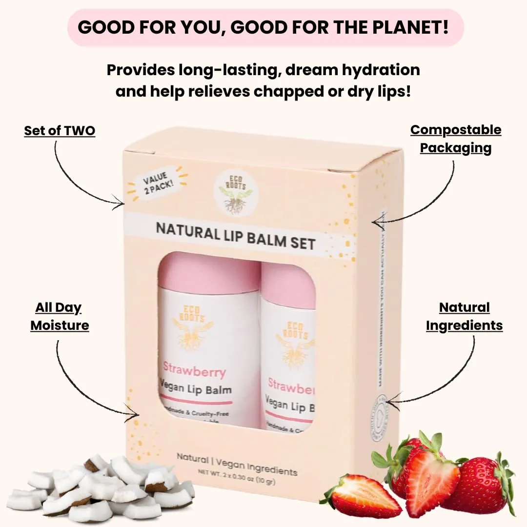 Strawberry Scented Lip Balm 2 Pack - Vegan and Organic Lip Moisturizer - Cruelty-Free, Eco-Friendly - Made in USA with Compostable Packaging - Artfully Crafted Lip Balm Set