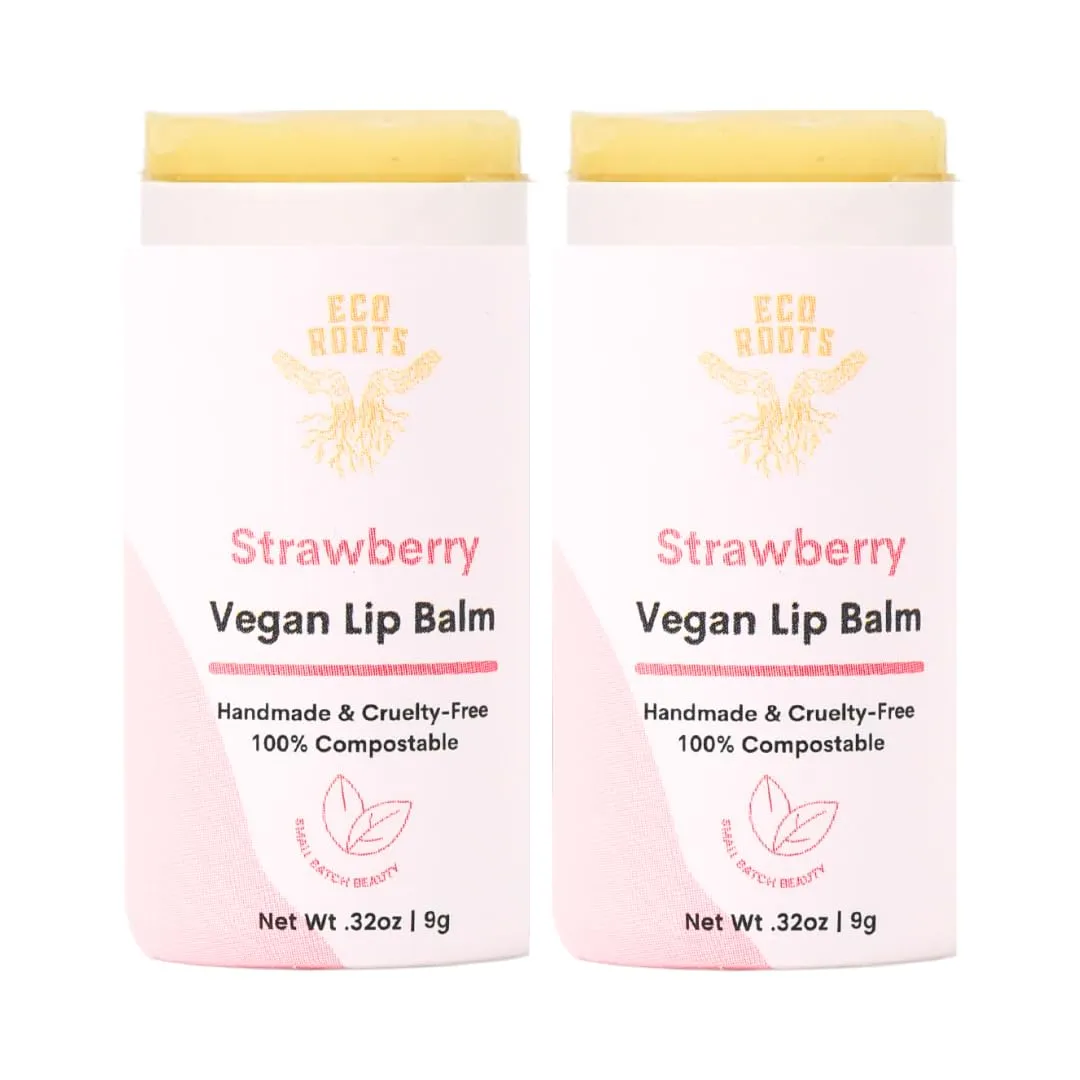 Strawberry Scented Lip Balm 2 Pack - Vegan and Organic Lip Moisturizer - Cruelty-Free, Eco-Friendly - Made in USA with Compostable Packaging - Artfully Crafted Lip Balm Set