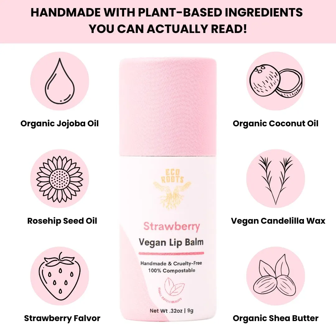 Strawberry Scented Lip Balm 2 Pack - Vegan and Organic Lip Moisturizer - Cruelty-Free, Eco-Friendly - Made in USA with Compostable Packaging - Artfully Crafted Lip Balm Set