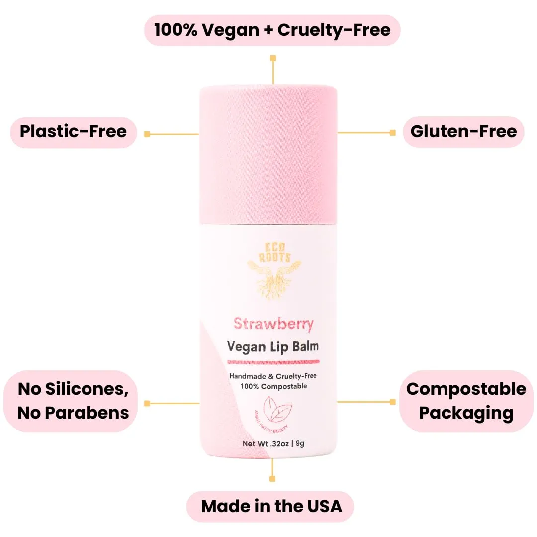 Strawberry Scented Lip Balm 2 Pack - Vegan and Organic Lip Moisturizer - Cruelty-Free, Eco-Friendly - Made in USA with Compostable Packaging - Artfully Crafted Lip Balm Set