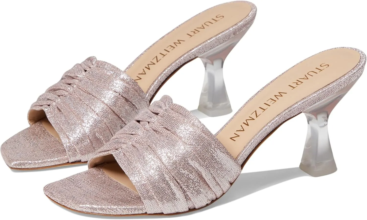 Stuart Weitzman Ruche 75 Slide Heels for Women - Shimmery Textile Upper with Slip-on Style, Festive Wear Comfortable Heels