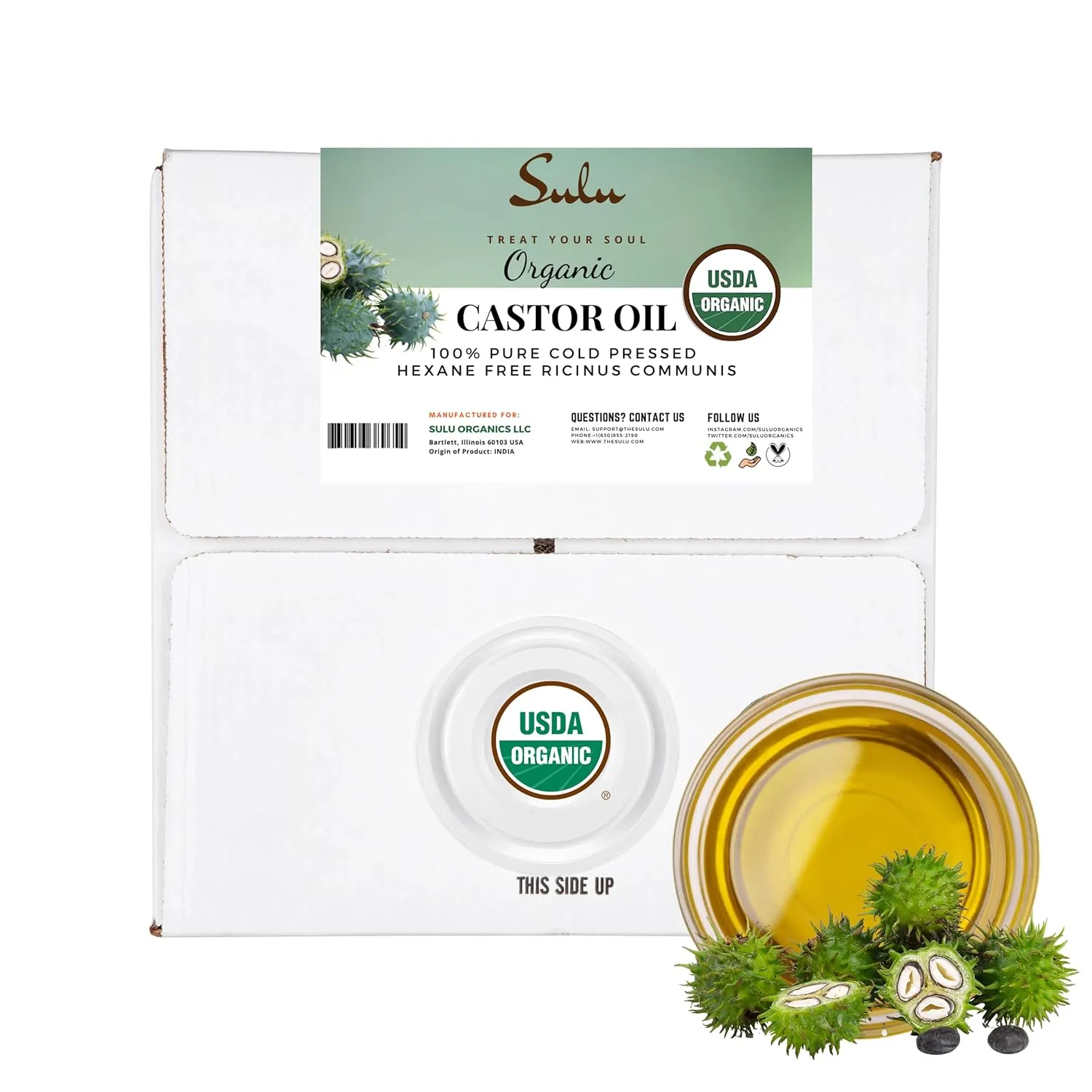 SULU ORGANICS 16 Liters/5 Gallon 100% Pure Organic Cold Presed Castor Oil Hexane Free-USP Grade