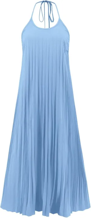 Summer Dresses for Women 2024 Halter Strap Ruched Flowy Sexy Sundresses Swing Casual Vacation Beach Maxi Dress