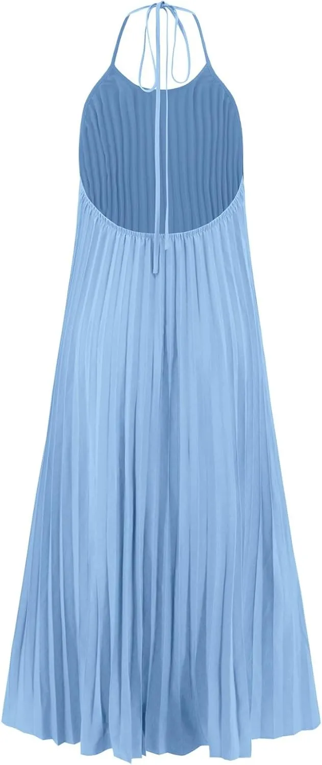 Summer Dresses for Women 2024 Halter Strap Ruched Flowy Sexy Sundresses Swing Casual Vacation Beach Maxi Dress
