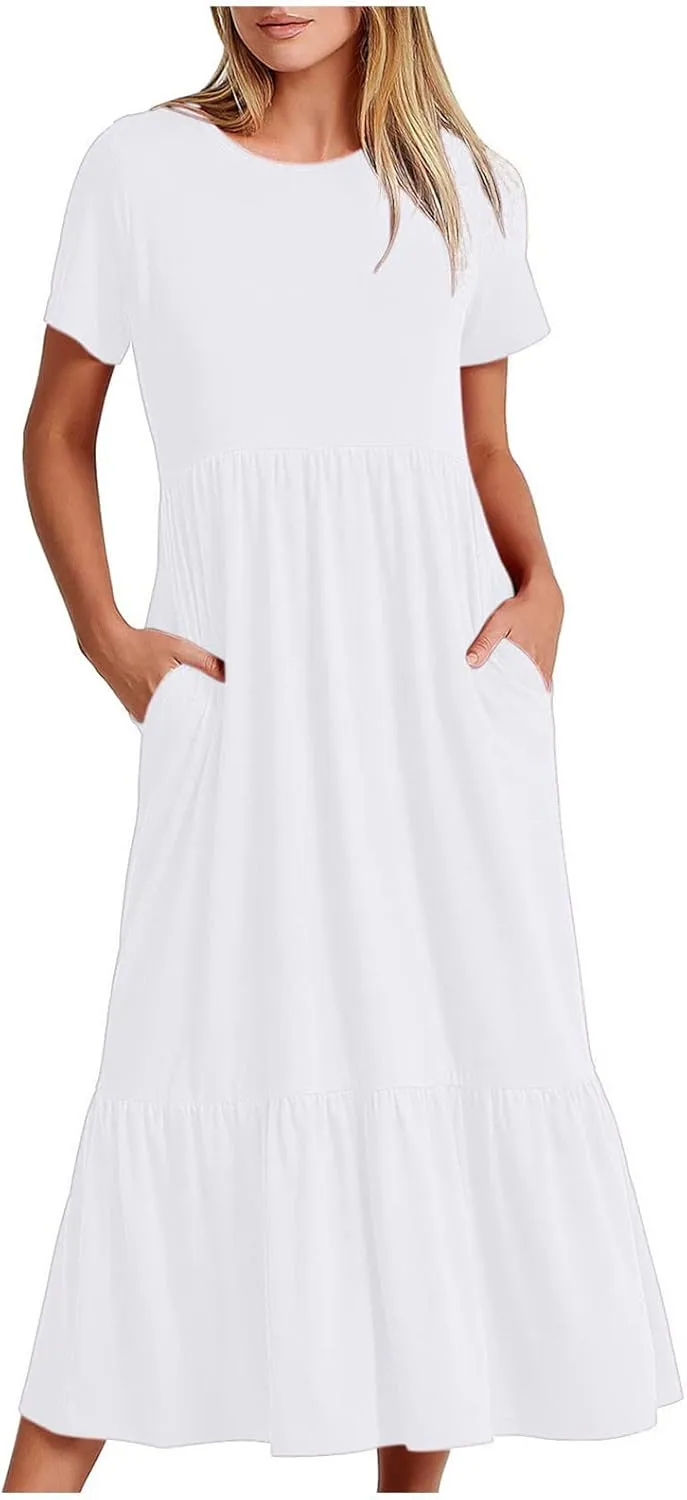 Summer Dresses for Women 2024 Maxi Casual Short Sleeve Crewneck Dress Flowy Swing Beach Sundresses with Pockets