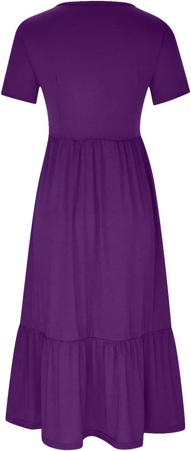 Summer Dresses for Women 2024 Maxi Casual Short Sleeve Crewneck Dress Flowy Swing Beach Sundresses with Pockets