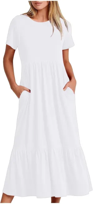 Summer Dresses for Women 2024 Maxi Casual Short Sleeve Crewneck Dress Flowy Swing Beach Sundresses with Pockets