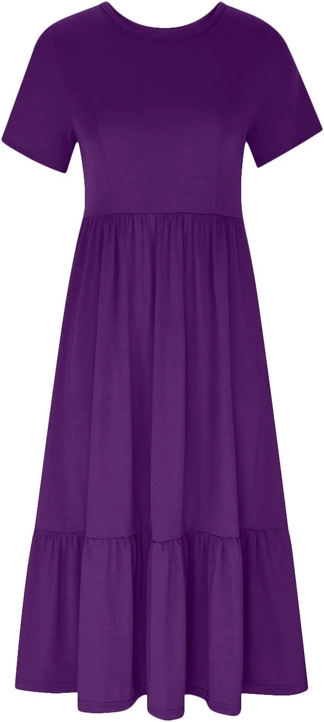 Summer Dresses for Women 2024 Maxi Casual Short Sleeve Crewneck Dress Flowy Swing Beach Sundresses with Pockets