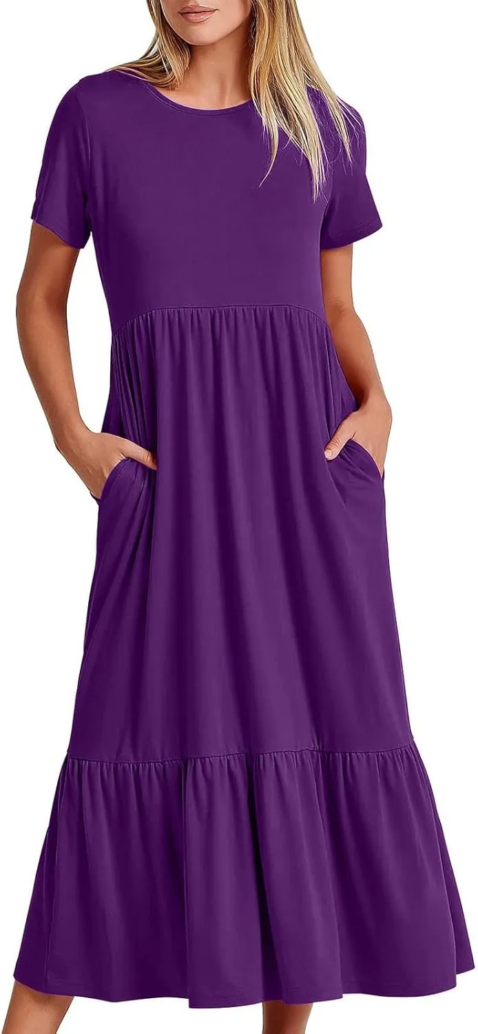Summer Dresses for Women 2024 Maxi Casual Short Sleeve Crewneck Dress Flowy Swing Beach Sundresses with Pockets