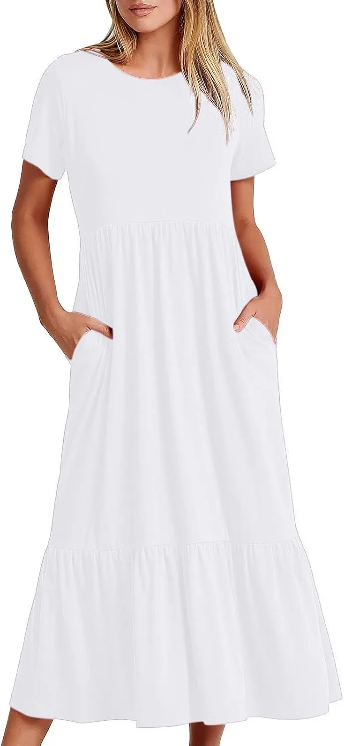 Summer Dresses for Women 2024 Maxi Casual Short Sleeve Crewneck Dress Flowy Swing Beach Sundresses with Pockets
