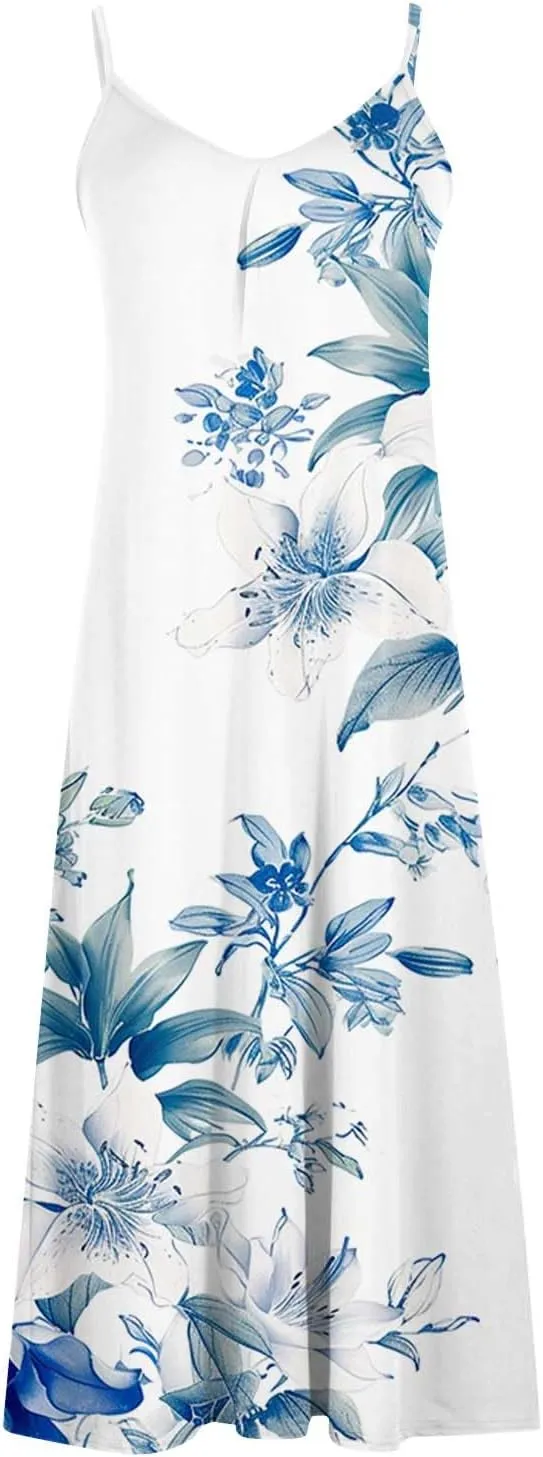 Sundresses for Women 2024 Spaghetti Strap Cute Print Halter Maxi Dresses Empire Waist Flowy Summer Beach Dresses