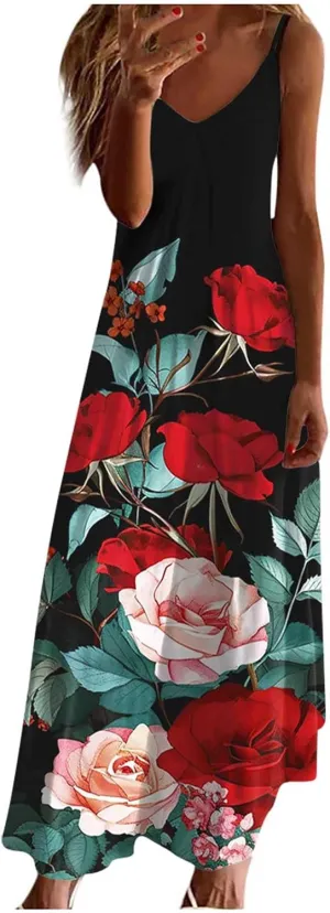 Sundresses for Women 2024 Spaghetti Strap Cute Print Halter Maxi Dresses Empire Waist Flowy Summer Beach Dresses