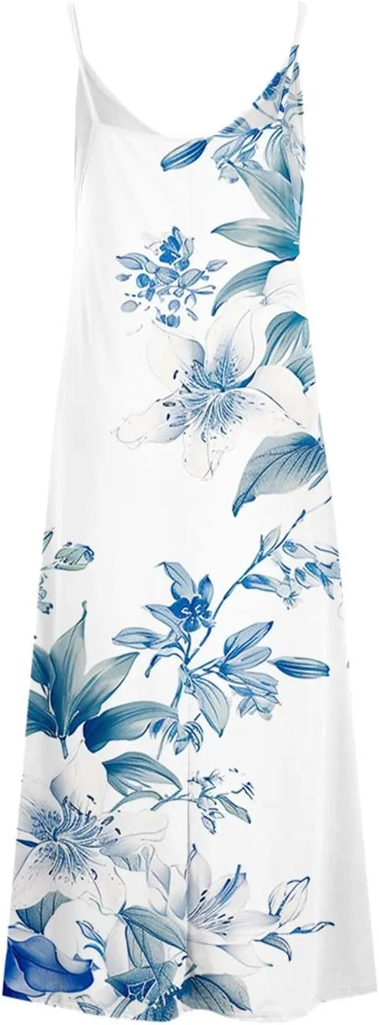 Sundresses for Women 2024 Spaghetti Strap Cute Print Halter Maxi Dresses Empire Waist Flowy Summer Beach Dresses