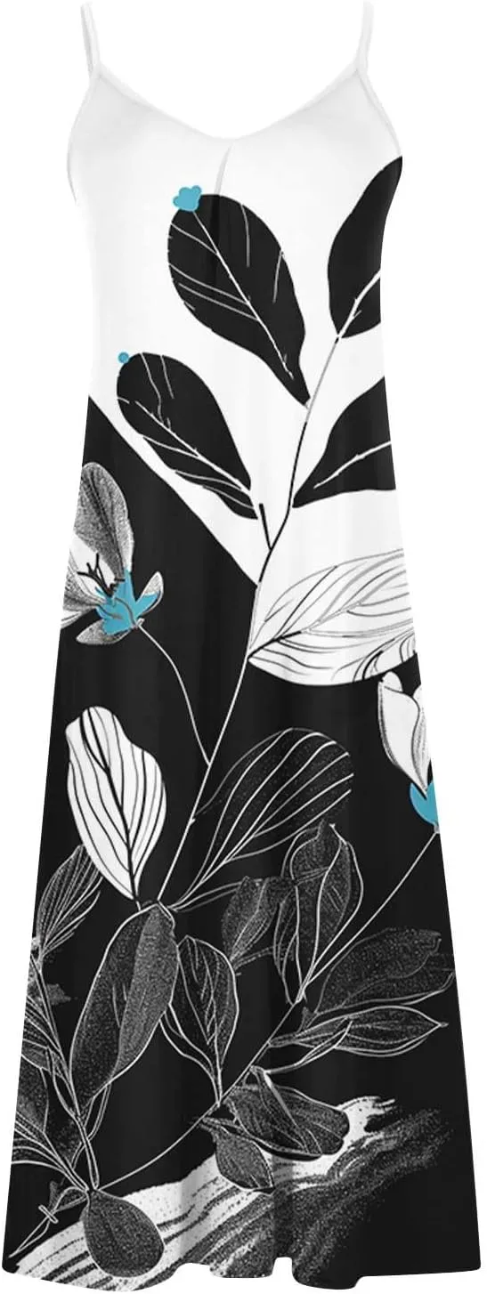 Sundresses for Women 2024 Spaghetti Strap Cute Print Halter Maxi Dresses Empire Waist Flowy Summer Beach Dresses