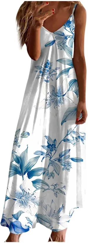 Sundresses for Women 2024 Spaghetti Strap Cute Print Halter Maxi Dresses Empire Waist Flowy Summer Beach Dresses