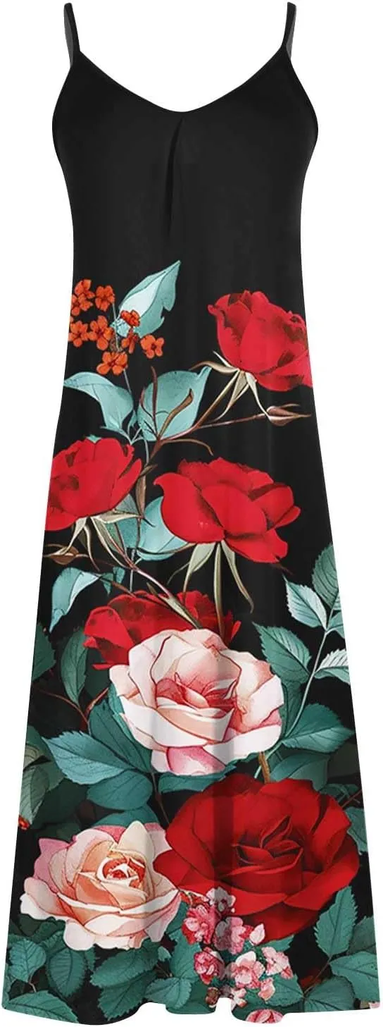 Sundresses for Women 2024 Spaghetti Strap Cute Print Halter Maxi Dresses Empire Waist Flowy Summer Beach Dresses