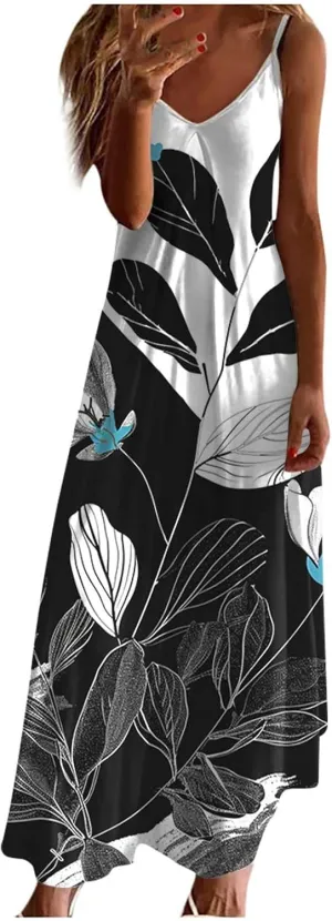 Sundresses for Women 2024 Spaghetti Strap Cute Print Halter Maxi Dresses Empire Waist Flowy Summer Beach Dresses