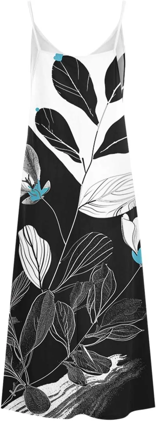 Sundresses for Women 2024 Spaghetti Strap Cute Print Halter Maxi Dresses Empire Waist Flowy Summer Beach Dresses
