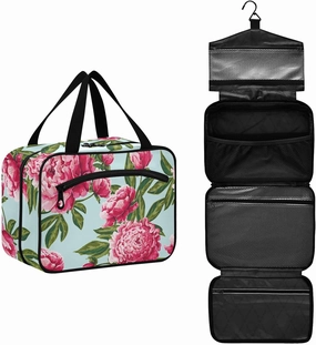 susiyo Travel Toiletry Bag with Hanging Hook Large Capacity Cosmetic Bag Multifunction Makeup Pouch Organizer for Women Girls Men-Bright Pink Peony,Large
