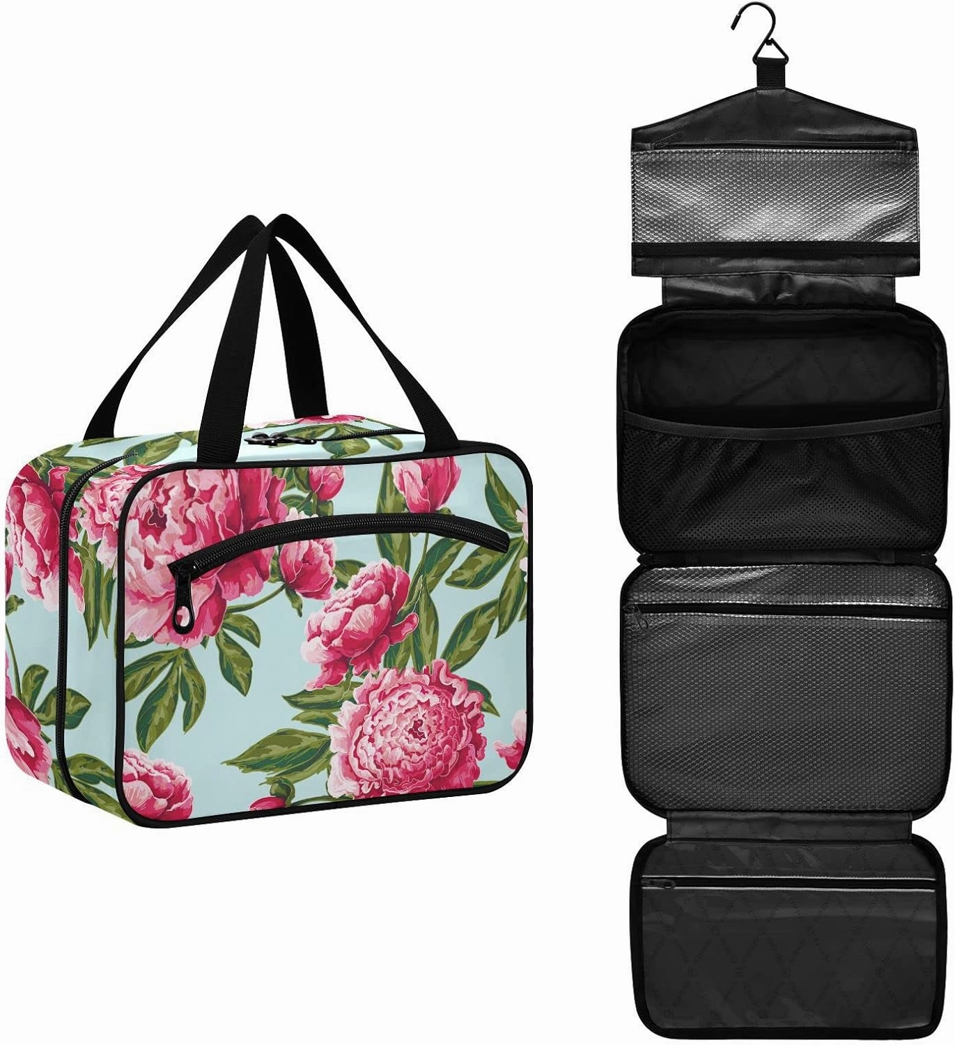 susiyo Travel Toiletry Bag with Hanging Hook Large Capacity Cosmetic Bag Multifunction Makeup Pouch Organizer for Women Girls Men-Bright Pink Peony,Large