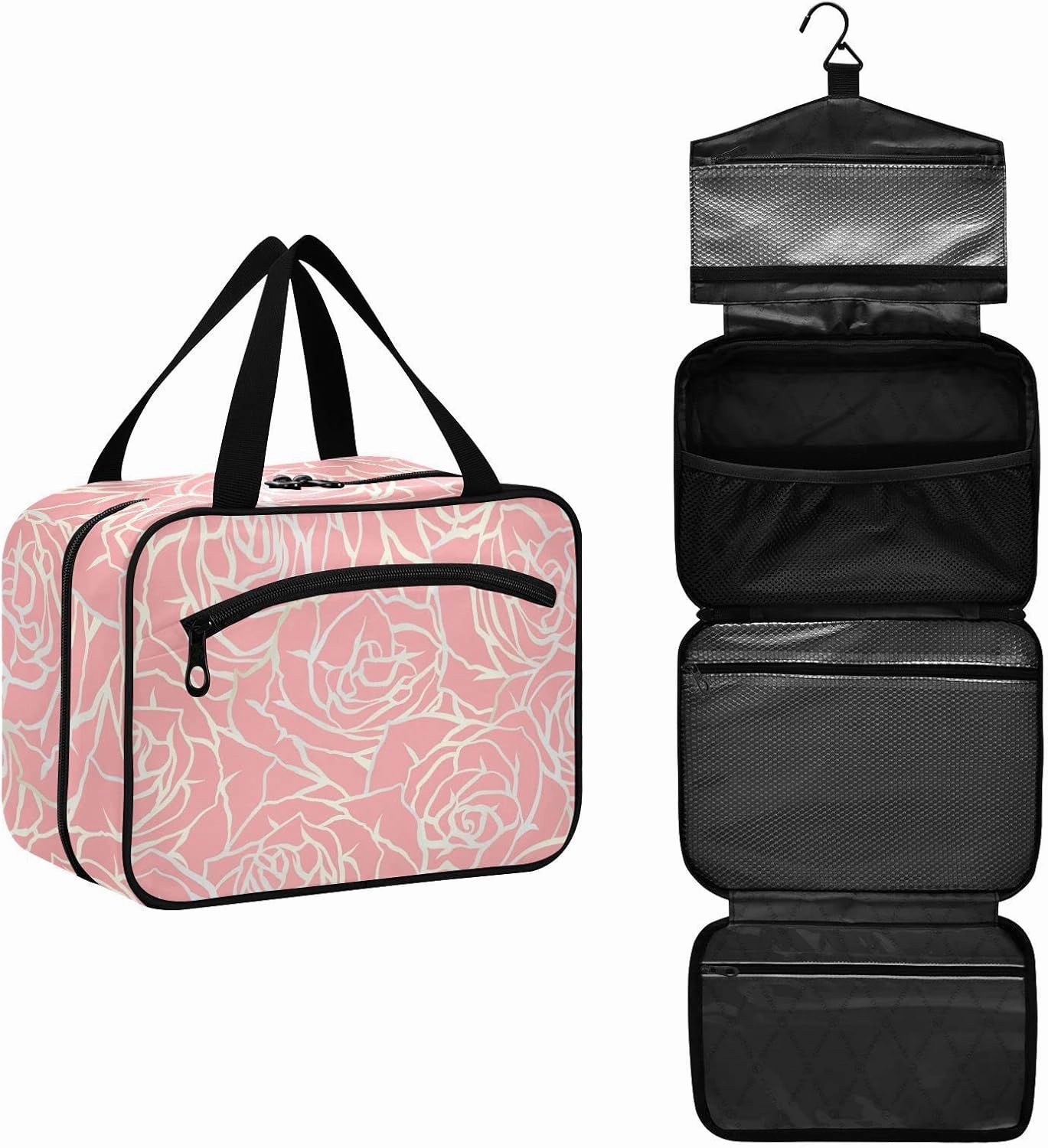 susiyo Travel Toiletry Bag with Hanging Hook Large Capacity Cosmetic Bag Multifunction Makeup Pouch Organizer for Women Girls Men-Pink Bright Line Roses,Large