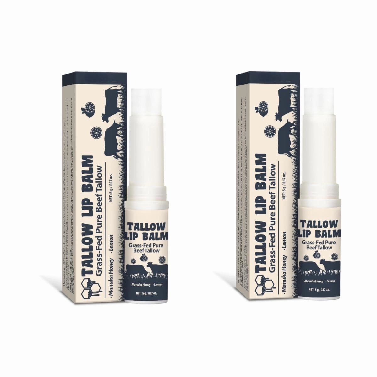 Tallow Lip Balm with Grass-Fed Beef Tallow, Honey and Lemon,Nourish and moisturize your lips 0.17 oz (2pcs)
