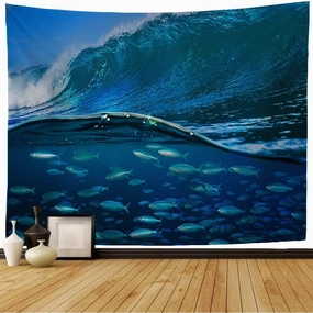 Tapestry Tropical Fish Bottom Under Crest Ripcurl Ocean Group Lip Surface Wave Nature in Clear Abstract Cool Tapestry Wall Tapestry for Bedroom Wall Decor 60x60 Inch