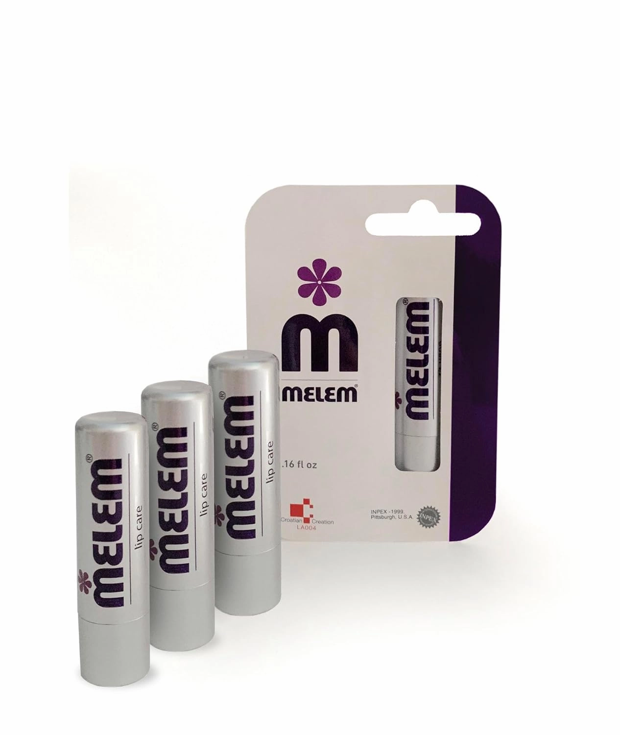 Three Melem Lip Balm Sticks with Lanolin, Relieves Dry, Chapped and Cracked Lips, Value Pack, each stick is .16 ounces