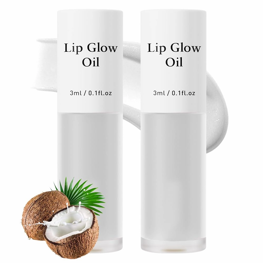 Tinted Lip Glow Oil - For Lush, Hydrated Lips with a Natural Glow,Sticky Long-Lasting Shiny Fruit Flavor Lip Stain,Moisturizing Plumping Revitalizing for Dry Lips (07#Coconut, 2 PCS)