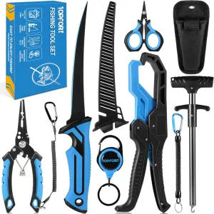 TOPFORT Fishing Gear Tool Kit - 7PC Saltwater Fishing Pliers Accessories Set - Fishing Equipment with Fish Knife Scissors Hook Remover Tools Line Cutter and Fish Lip Gripper - Fishing Gifts for Men
