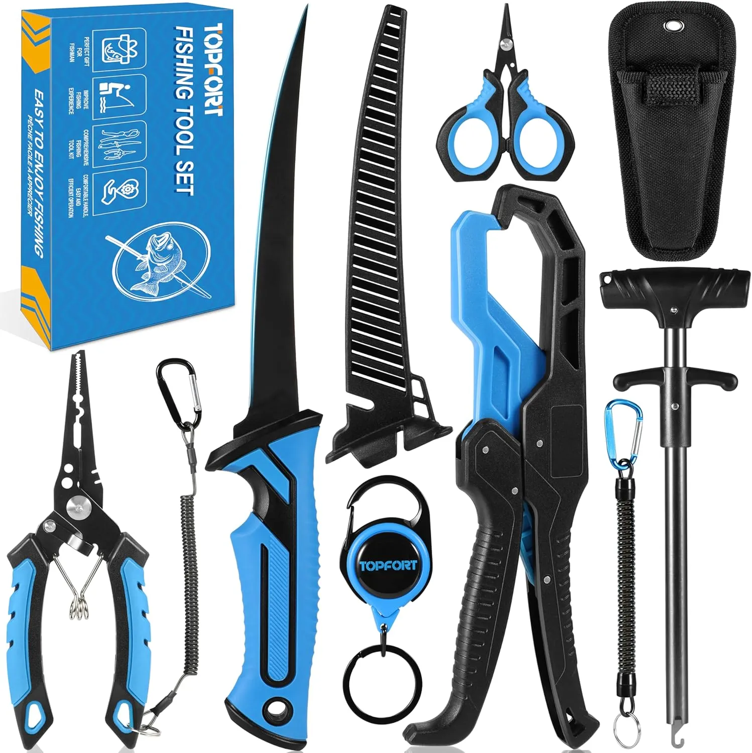 TOPFORT Fishing Gear Tool Kit - 7PC Saltwater Fishing Pliers Accessories Set - Fishing Equipment with Fish Knife Scissors Hook Remover Tools Line Cutter and Fish Lip Gripper - Fishing Gifts for Men