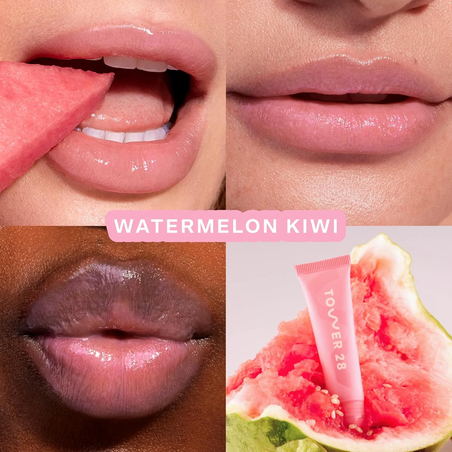 Tower 28 LipSoftie Hydrating Tinted Lip Treatment Balm, Moisturizing Lip Mask for Chapped Lips - Watermelon Kiwi Flavor, Sheer Baby Pink Gloss