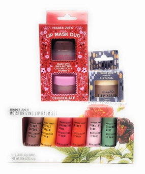 Trader Joe's Sweetest Lip Gift Set, 6 Moisturizing Balms-Island Coconut, Peaches & Cream, Strawberry Guava, Cucumber Mint, Vanilla Bean & Mango, 1 Vanilla Mask, Duo 1 Chocolate Mask & 1 Berry