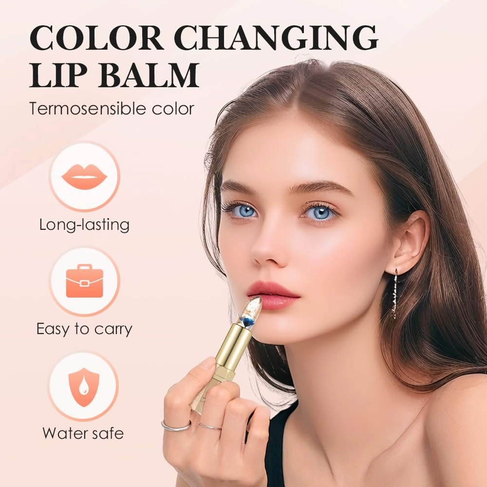 Transferproof Color Changing Lipstick for Women, Gold Crystal Ph Lipstick Color Changing, Clear Lipsticks, Long Lasting 24 Hours Moisturizing Glossy Shine Lip Gloss (2PC Mix)