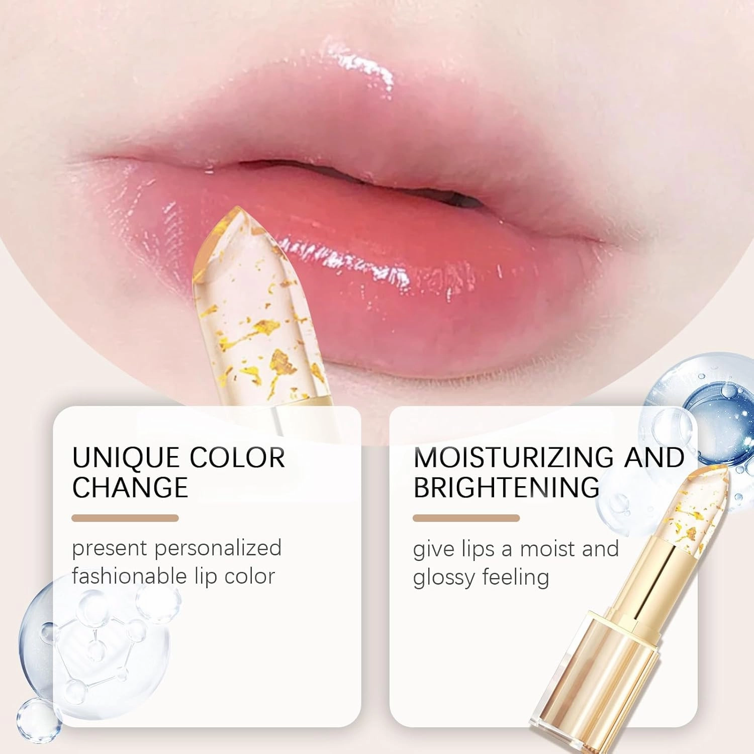 Transferproof Color Changing Lipstick, Gold Crystal Color Changing Lipstick,Long Lasting 24 Hours Moisturizing Glossy Shine Lip Gloss(2PC)