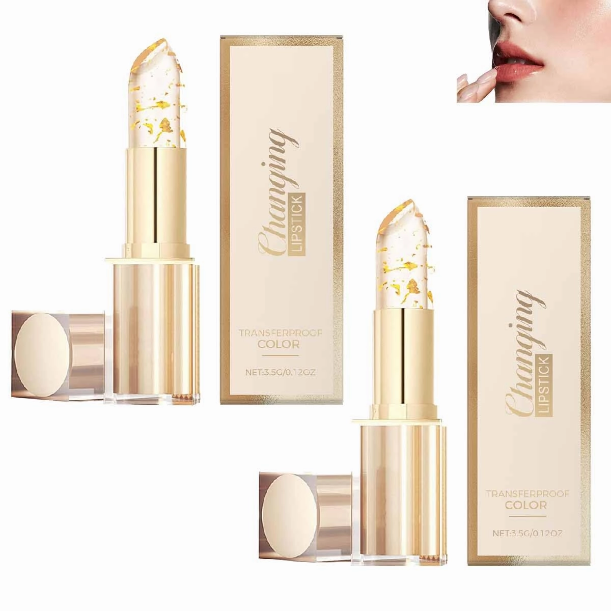 Transferproof Color Changing Lipstick,Gold Crystal Ph Lipstick Color Changing,Clear lipstick That Changes color,Long Lasting 24 Hours Moisturizing Glossy Shine Lip Gloss for Women (2pcs)