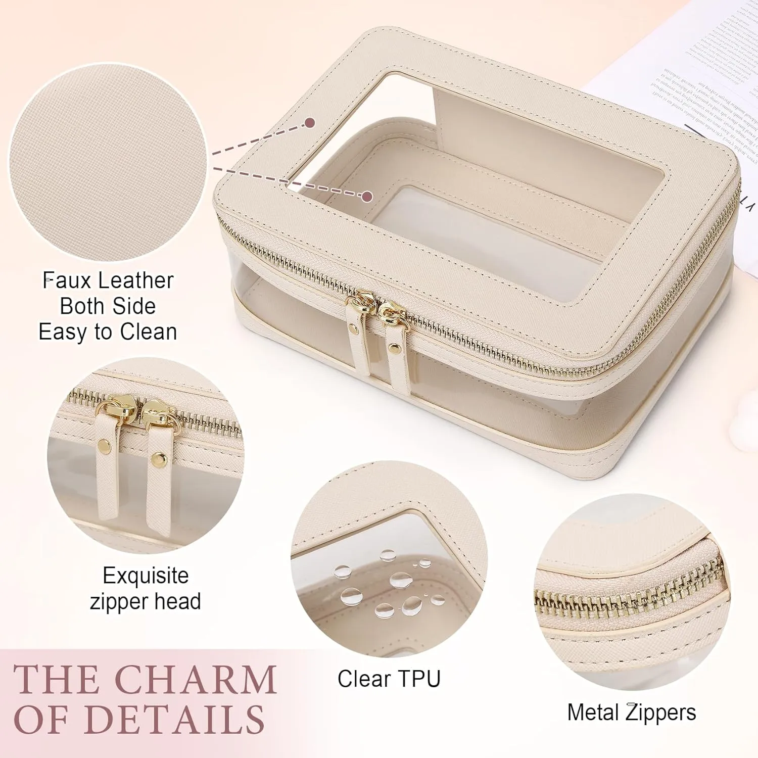 Travel Clear Makeup Bag with Brush Case TSA Approved Toiletry Bag Waterproof Cosmetic Organizer Car Essential for Women (Beige, M SLIM-1)