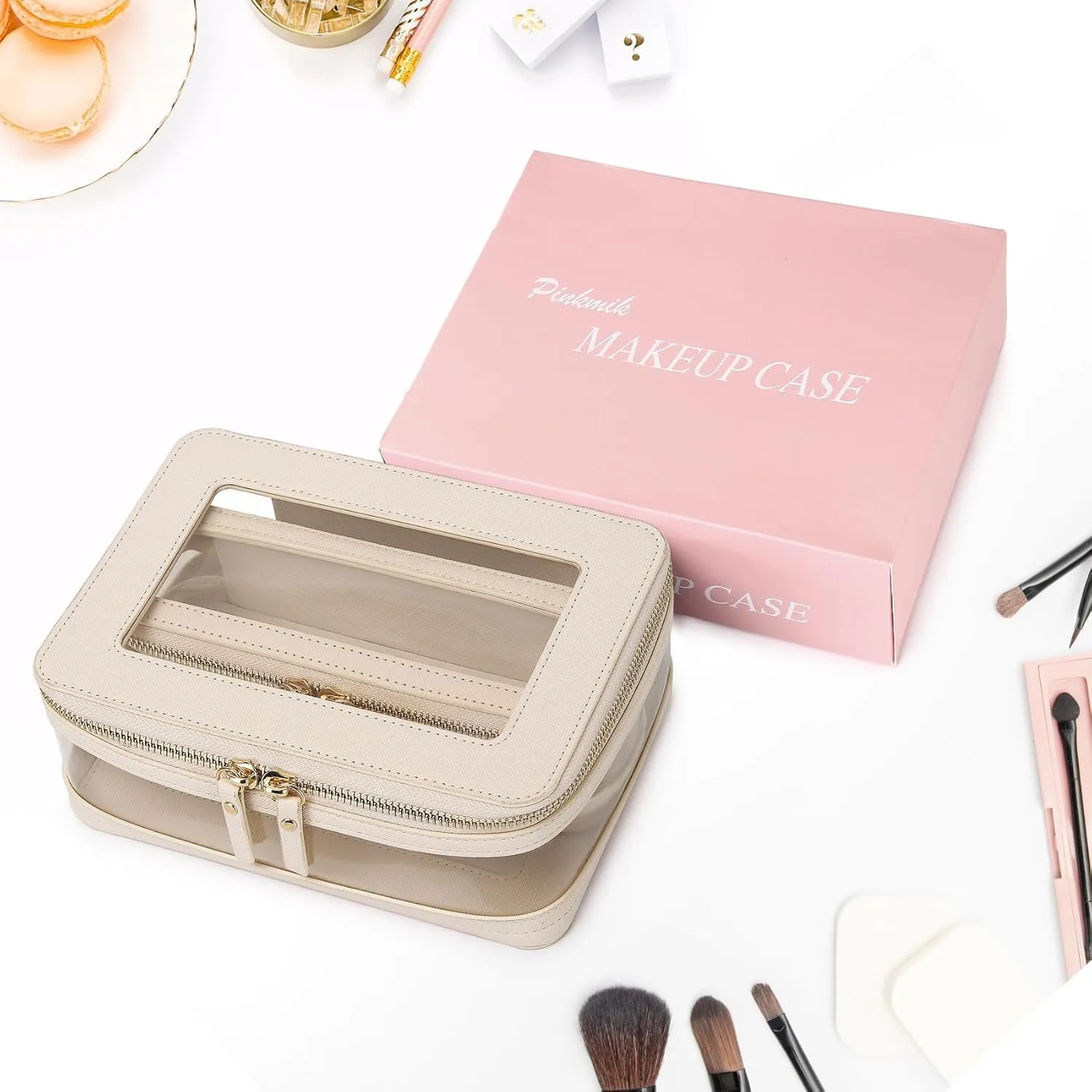 Travel Clear Makeup Bag with Brush Case TSA Approved Toiletry Bag Waterproof Cosmetic Organizer Car Essential for Women (Beige, M SLIM-1)