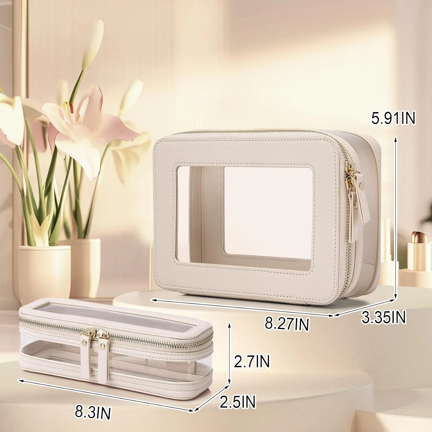 Travel Clear Makeup Bag with Brush Case TSA Approved Toiletry Bag Waterproof Cosmetic Organizer Car Essential for Women (Beige, M SLIM-1)